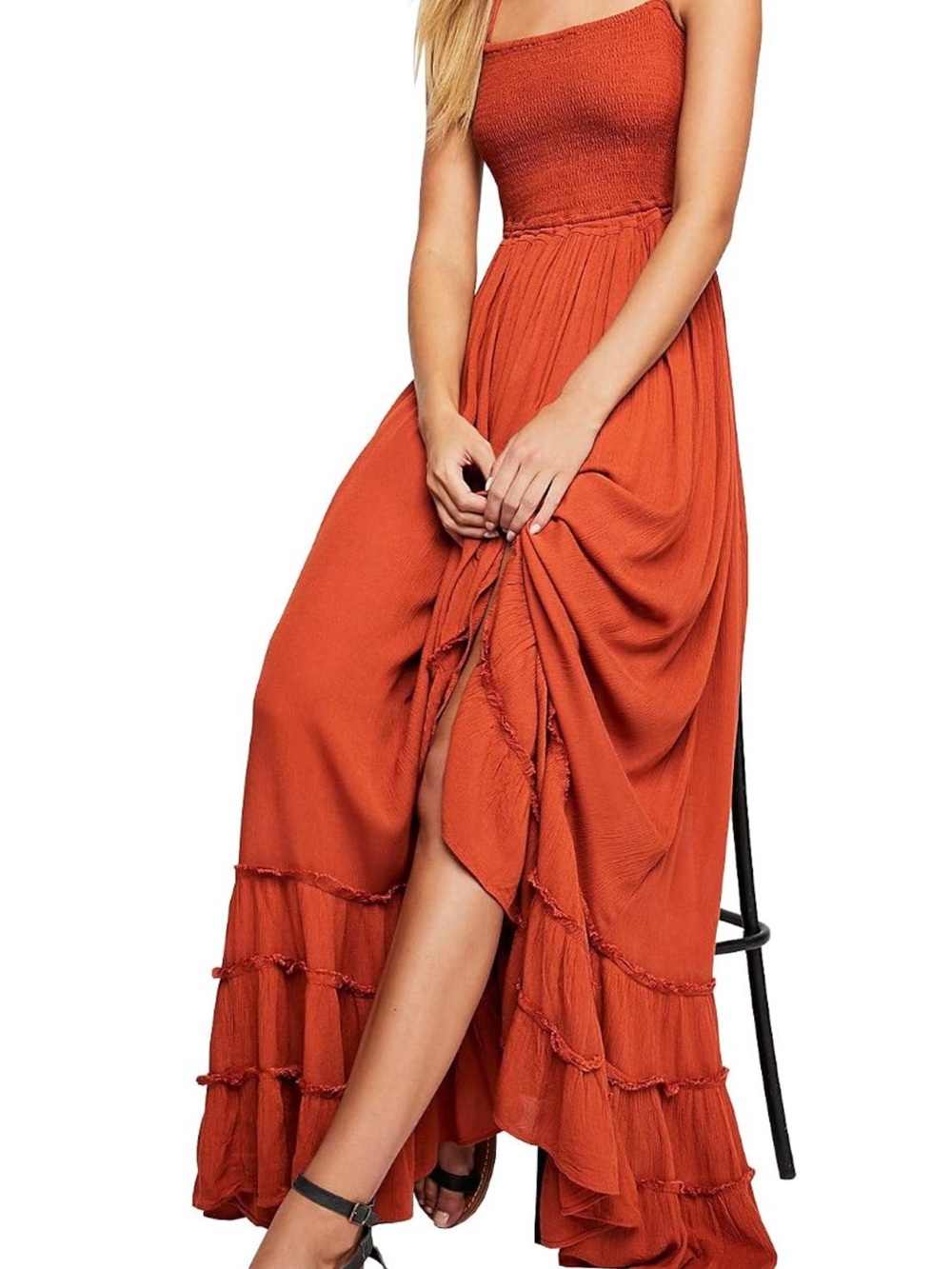Smocked Strapless Maxi Dress in Rust Orange